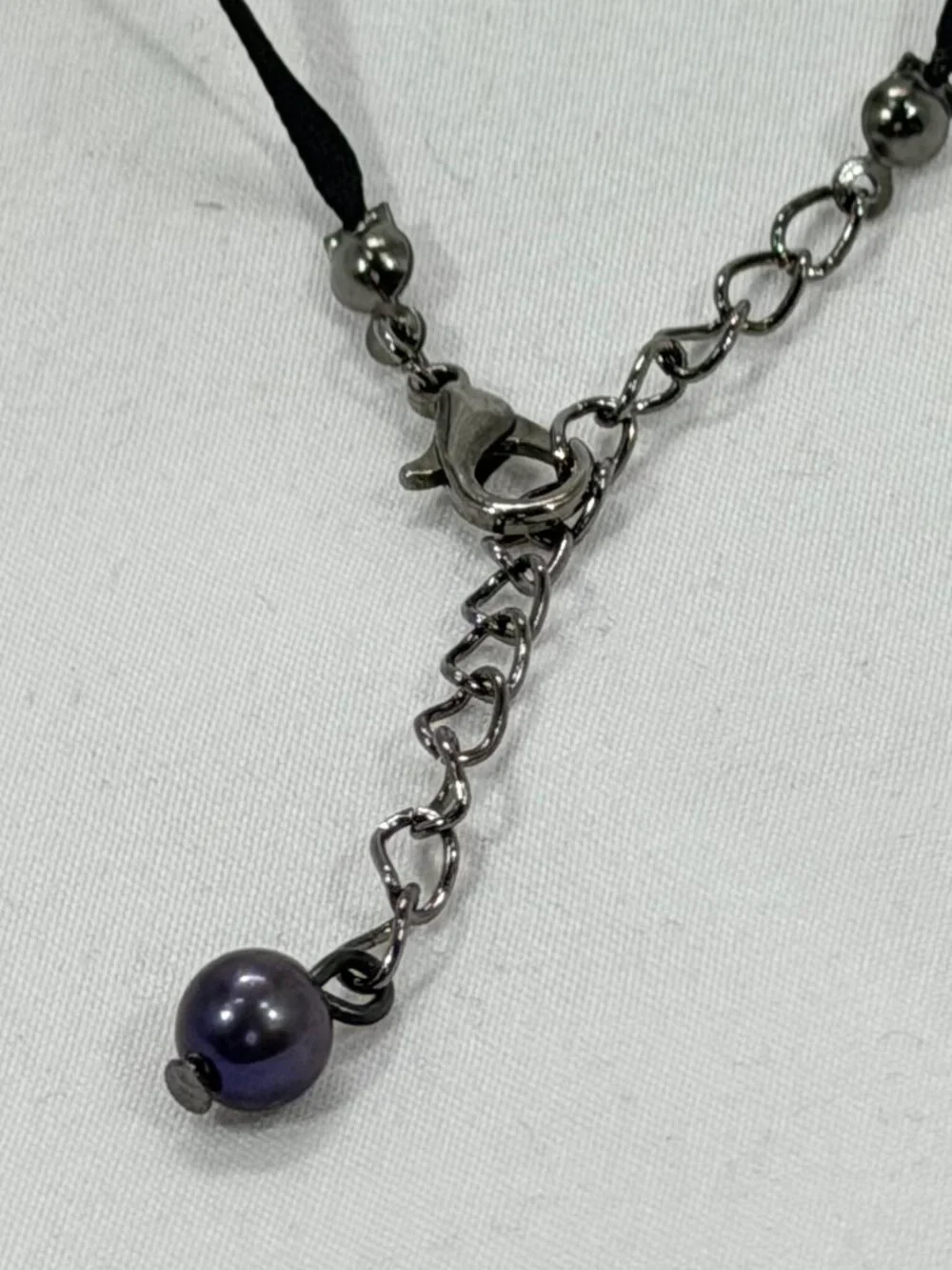 Gunmetal with black silk ribbon black pearl necklace